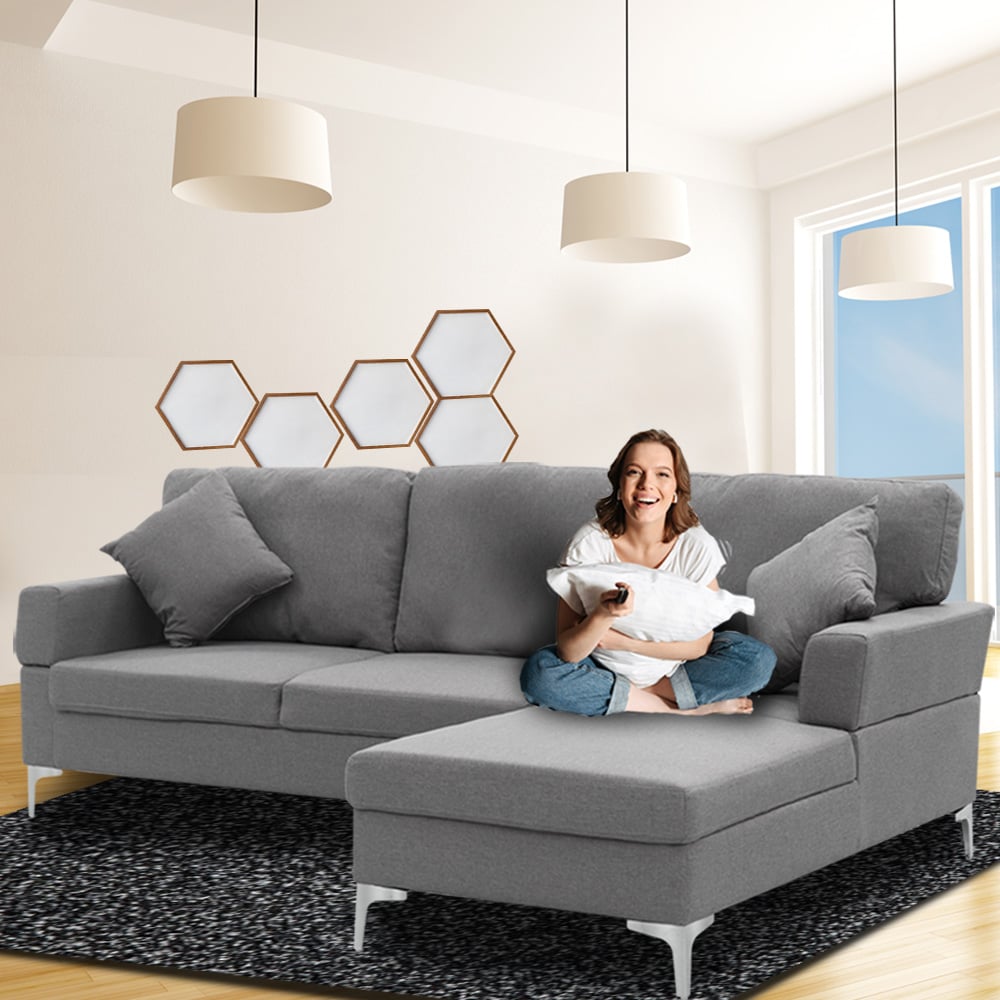 3-Seater L-Shaped Linen Sofa Lounge with Left Side Chaise - Dark Grey-Furniture > Sofas > Sofas & Sofa Beds-Nomica Living