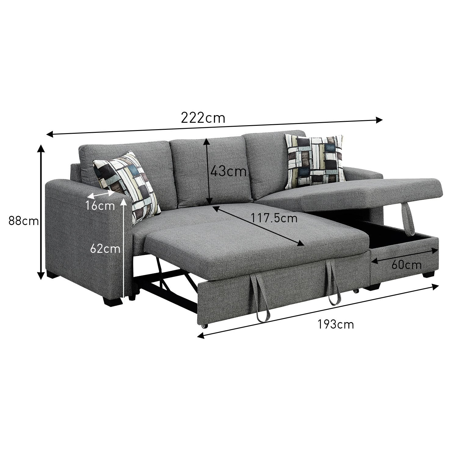 Fontana Pullout Sofa Bed with Storage Chaise Lounge - Grey-Furniture > Sofas > Sofas & Sofa Beds-Nomica Living
