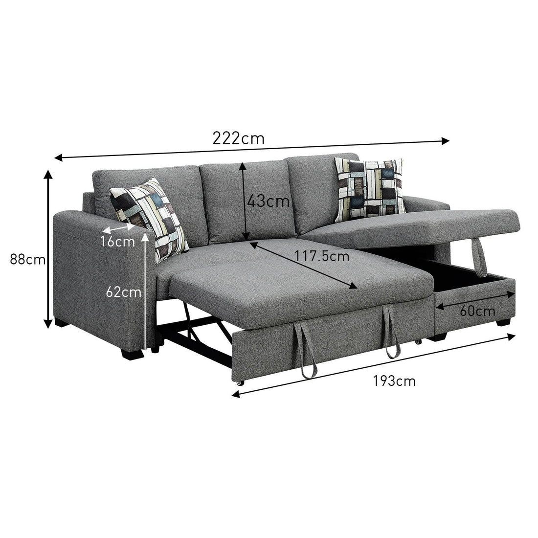 Fontana Pullout Sofa Bed with Storage Chaise Lounge - Grey-Furniture > Sofas > Sofas & Sofa Beds-Nomica Living