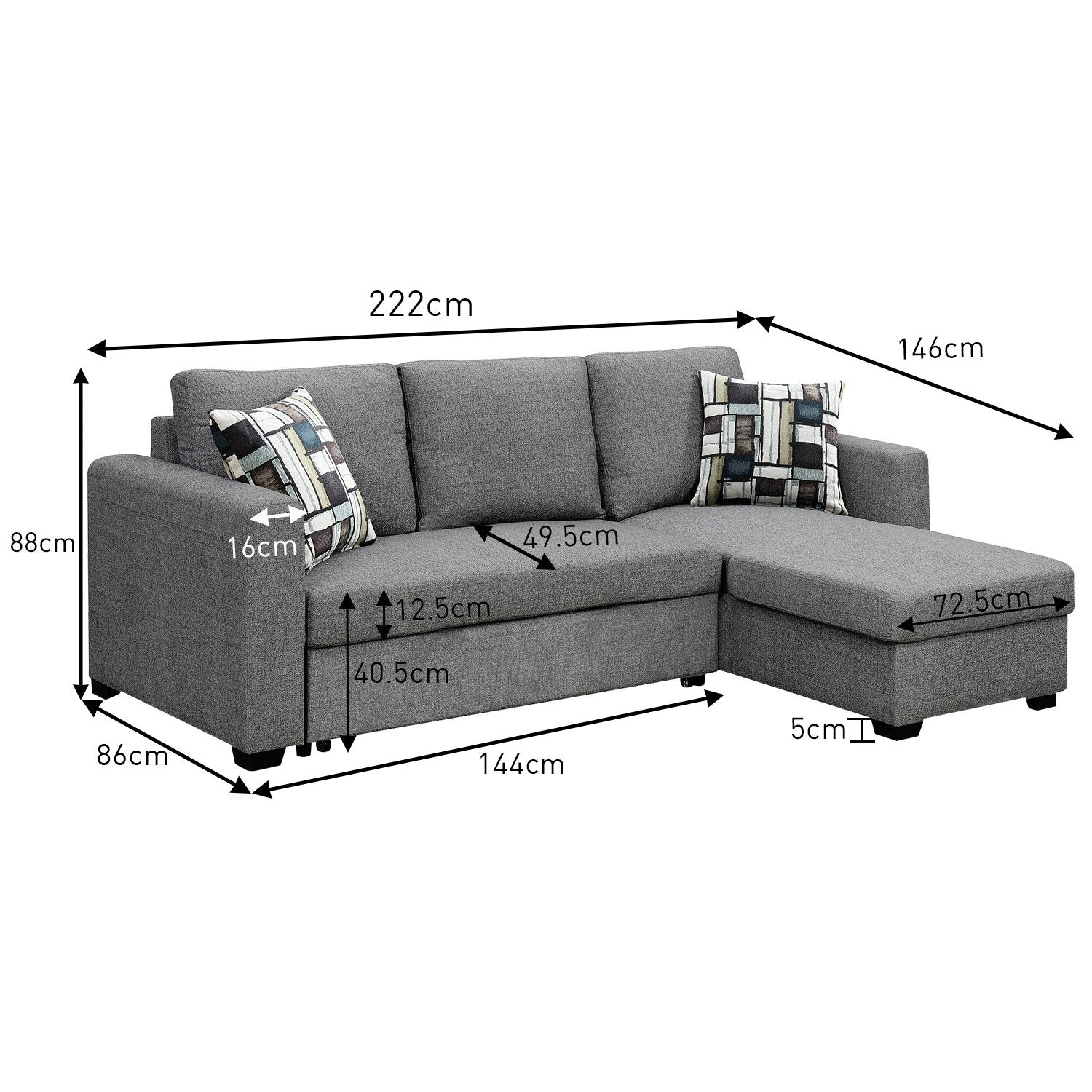 Fontana Pullout Sofa Bed with Storage Chaise Lounge - Grey-Furniture > Sofas > Sofas & Sofa Beds-Nomica Living