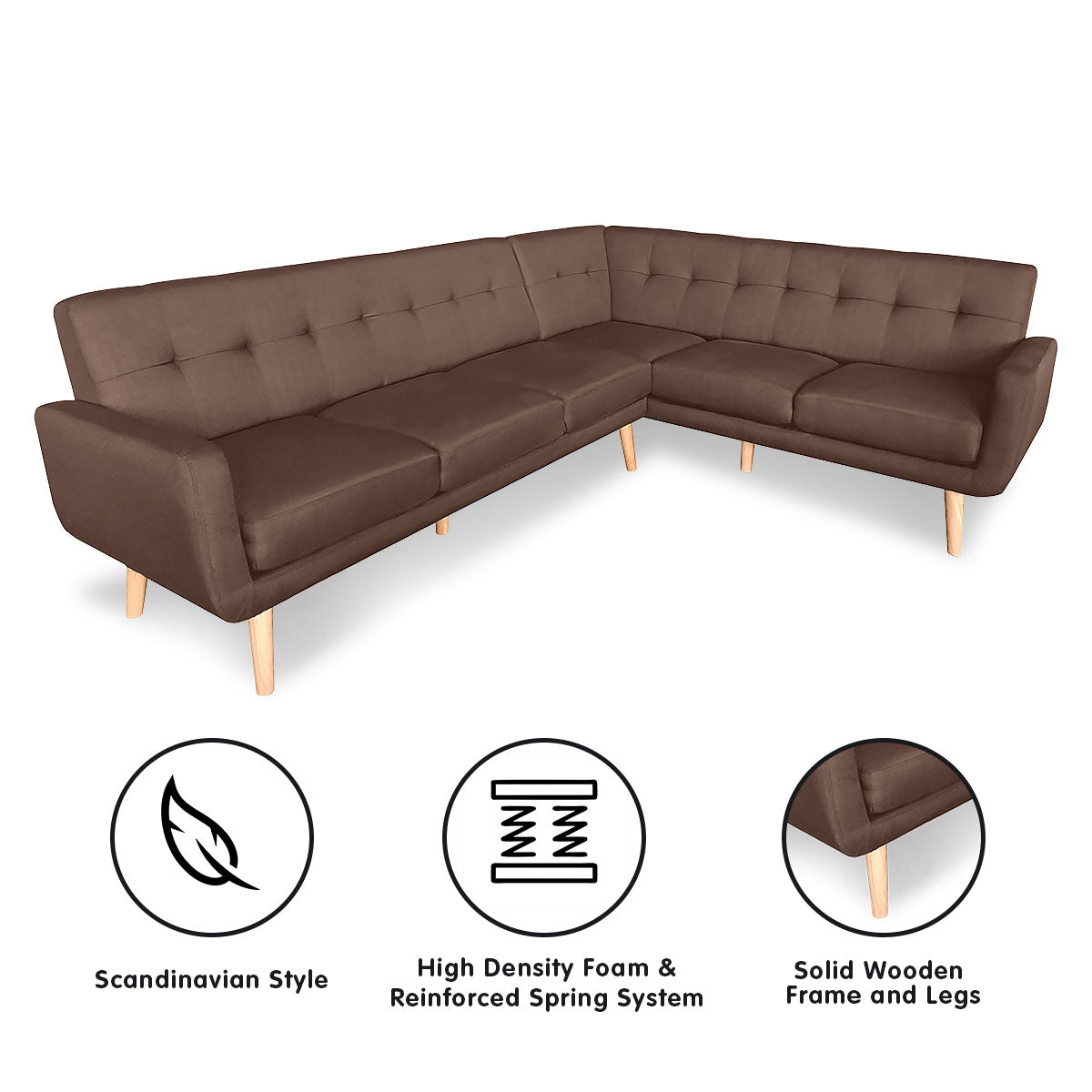 Faux Linen Corner Wooden Sofa Lounge L-shaped with Chaise - Brown-Furniture > Sofas > Sofas & Sofa Beds-Nomica Living