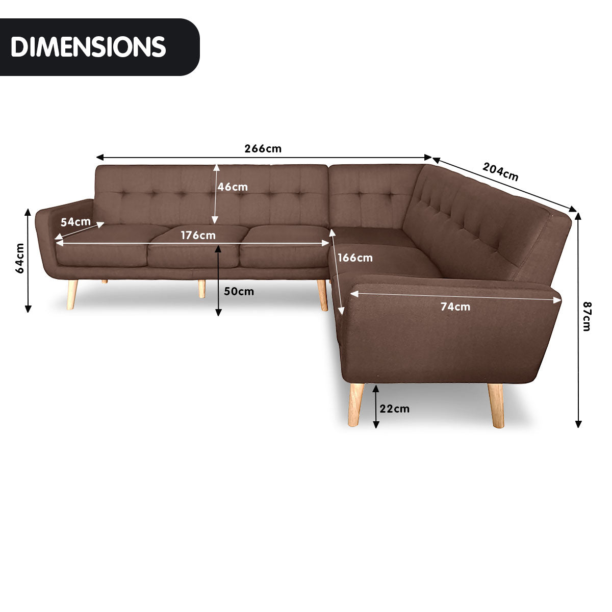 Faux Linen Corner Wooden Sofa Lounge L-shaped with Chaise - Brown-Furniture > Sofas > Sofas & Sofa Beds-Nomica Living