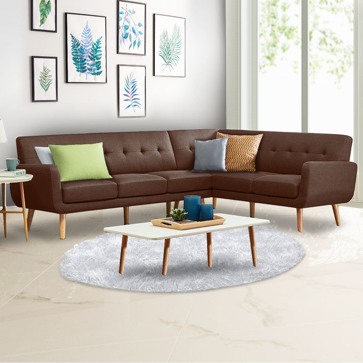 Faux Linen Corner Wooden Sofa Lounge L-shaped with Chaise - Brown-Furniture > Sofas > Sofas & Sofa Beds-Nomica Living