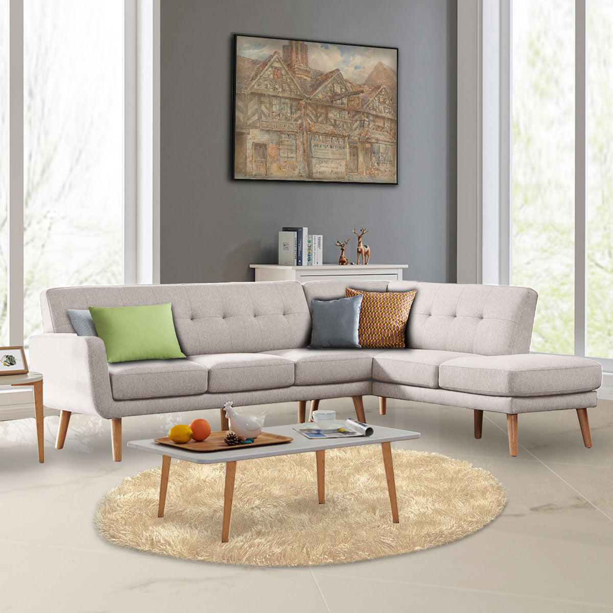Faux Linen Corner Sofa Lounge L-shaped with Chaise - Light Grey-Furniture > Sofas > Sofas & Sofa Beds-Nomica Living