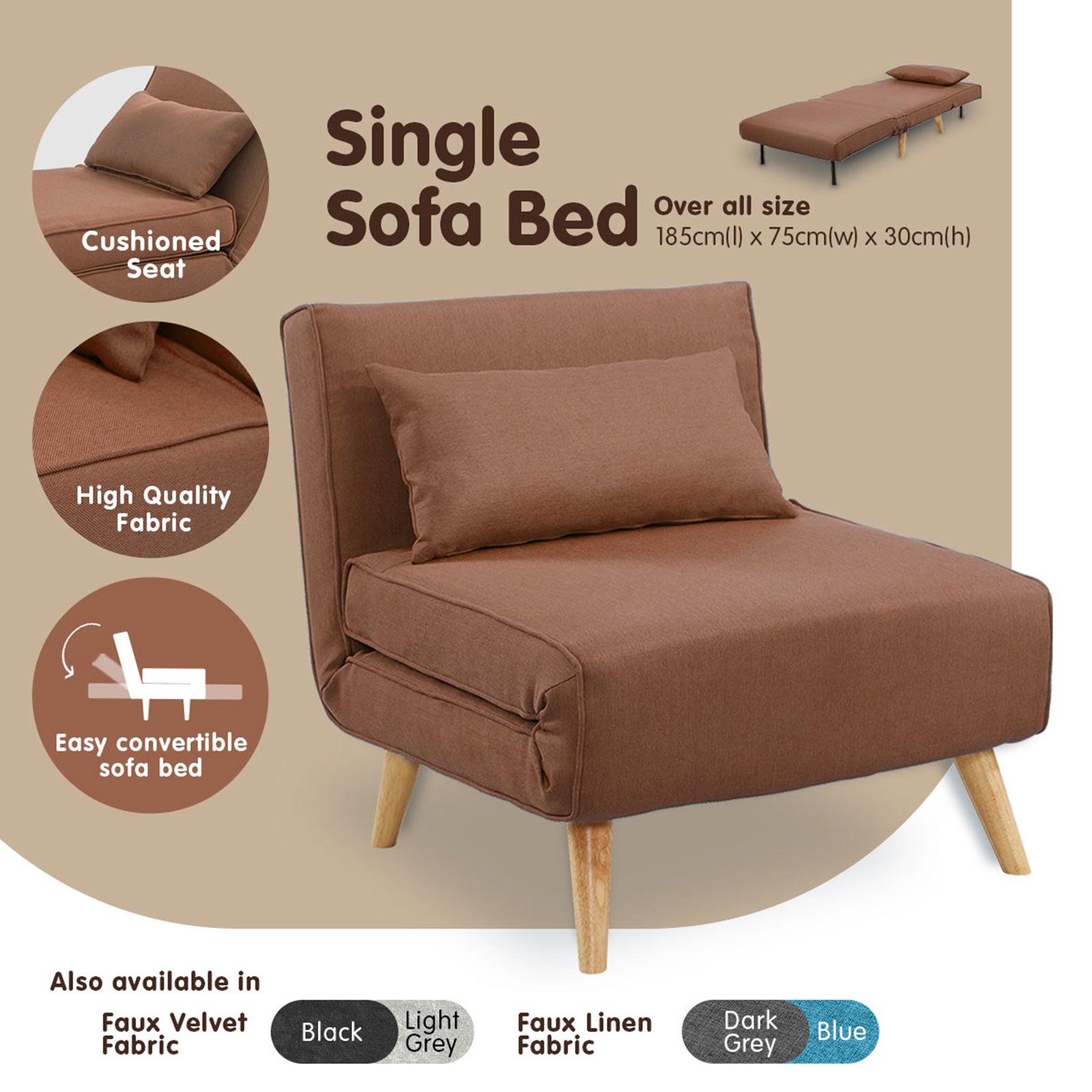 Adjustable Faux Linen Single Chair Sofa Bed - Brown-Furniture > Sofas > Sofas & Sofa Beds-Nomica Living