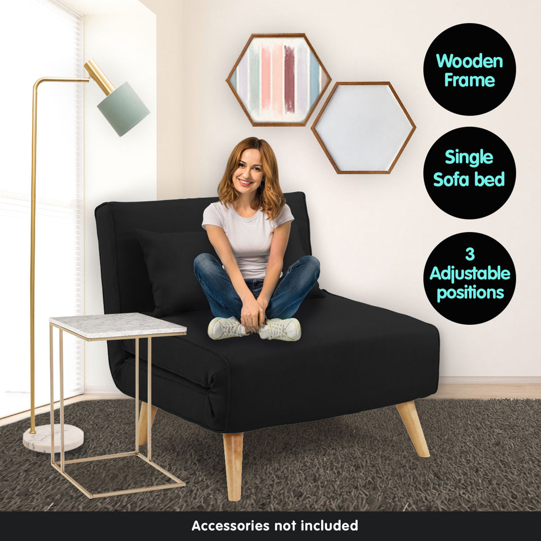 Adjustable Faux Velvet Single Chair Sofa Bed - Black-Furniture > Sofas > Sofas & Sofa Beds-Nomica Living