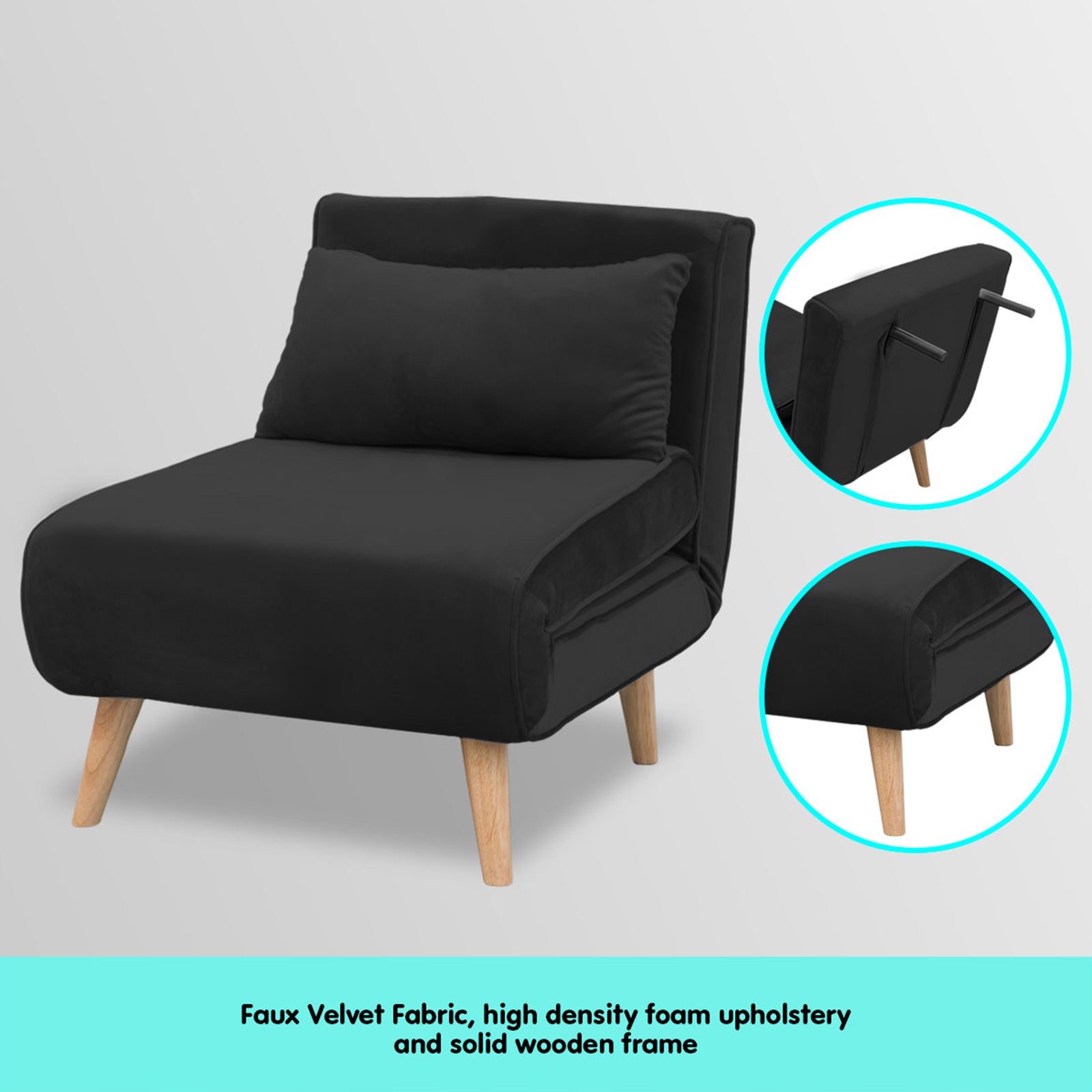 Adjustable Faux Velvet Single Chair Sofa Bed - Black-Furniture > Sofas > Sofas & Sofa Beds-Nomica Living