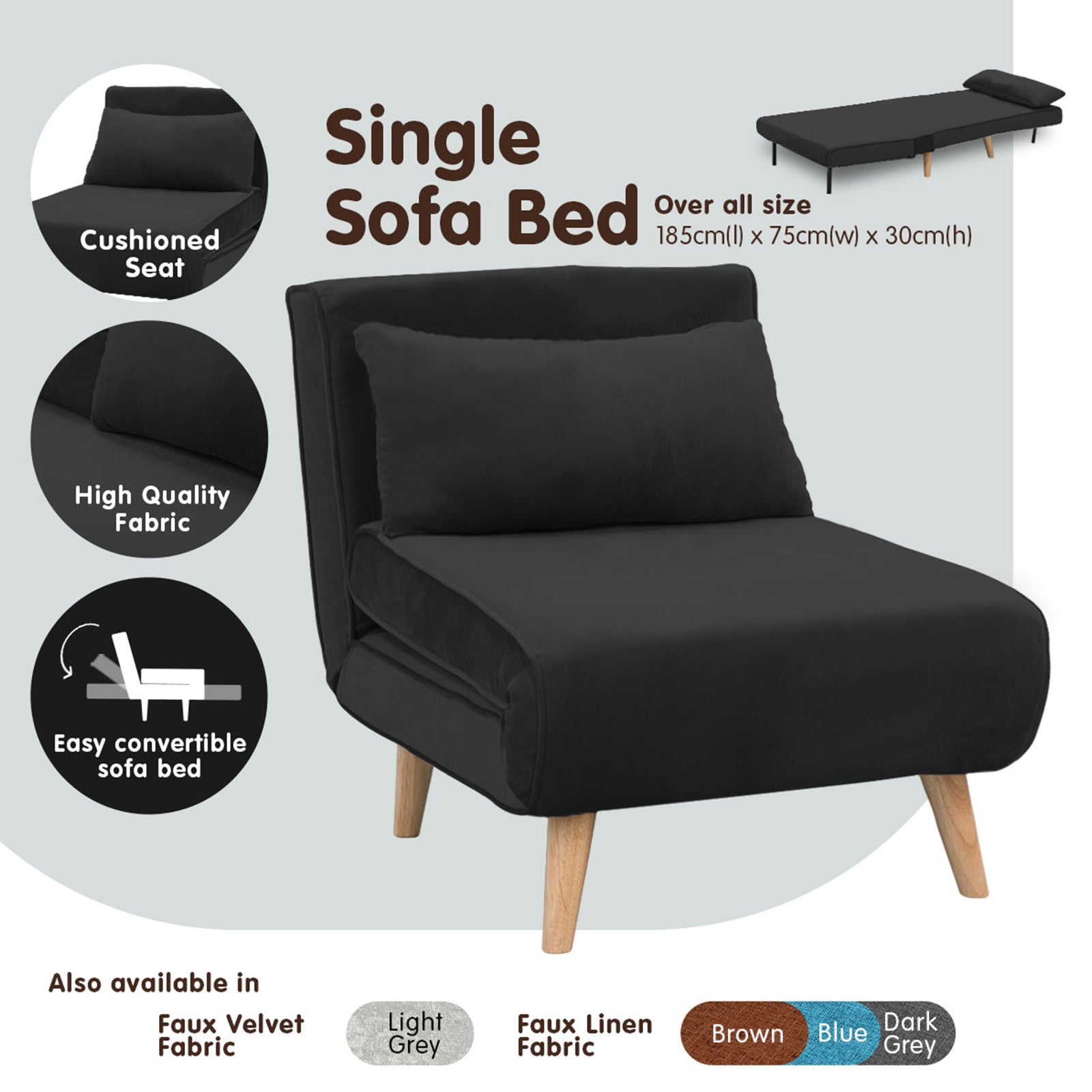 Adjustable Faux Velvet Single Chair Sofa Bed - Black-Furniture > Sofas > Sofas & Sofa Beds-Nomica Living