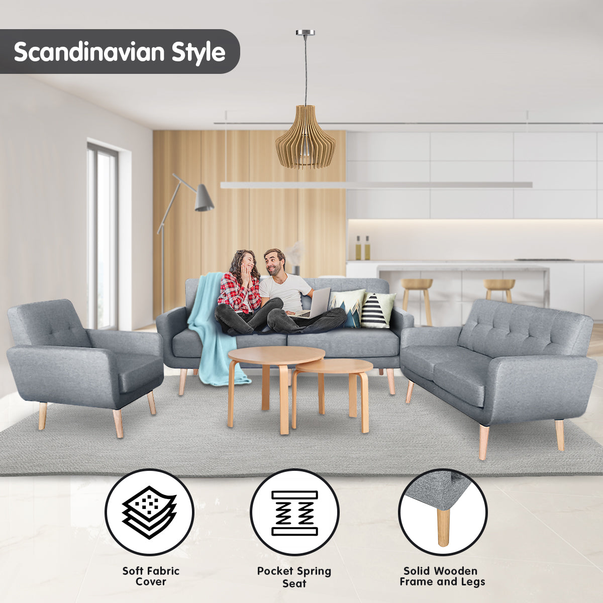 6-Seater Linen Sofa Set - Light Grey-Furniture > Sofas > Sofas & Sofa Beds-Nomica Living