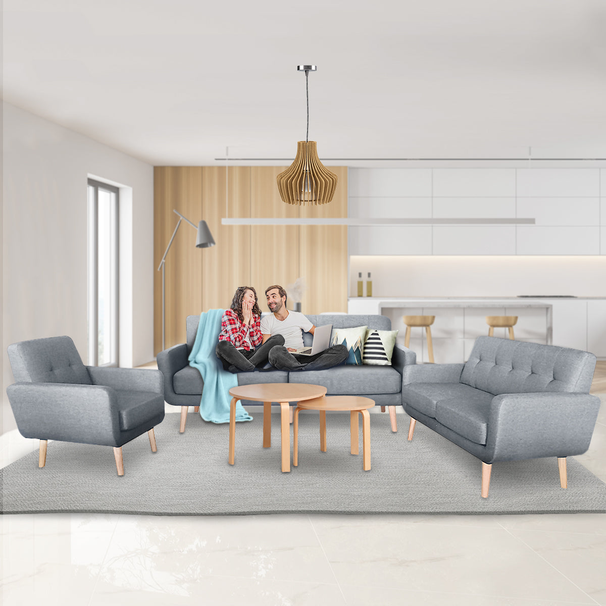 6-Seater Linen Sofa Set - Light Grey-Furniture > Sofas > Sofas & Sofa Beds-Nomica Living