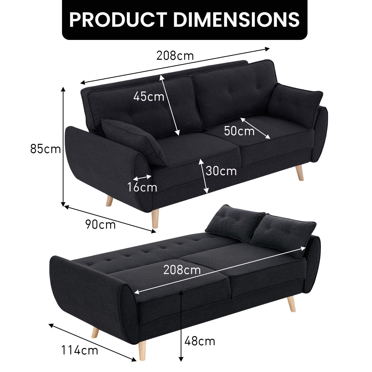 3-Seater Modular Linen Fabric Sofa Bed Couch Futon Suite - Black-Furniture > Sofas > Sofas & Sofa Beds-Nomica Living