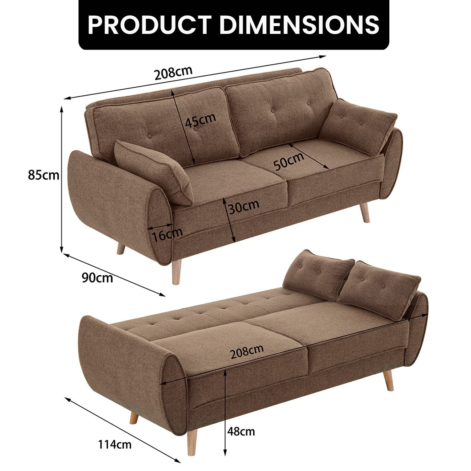 3-Seater Modular Linen Fabric Sofa Bed Couch Futon Suite - Brown-Furniture > Sofas > Sofas & Sofa Beds-Nomica Living