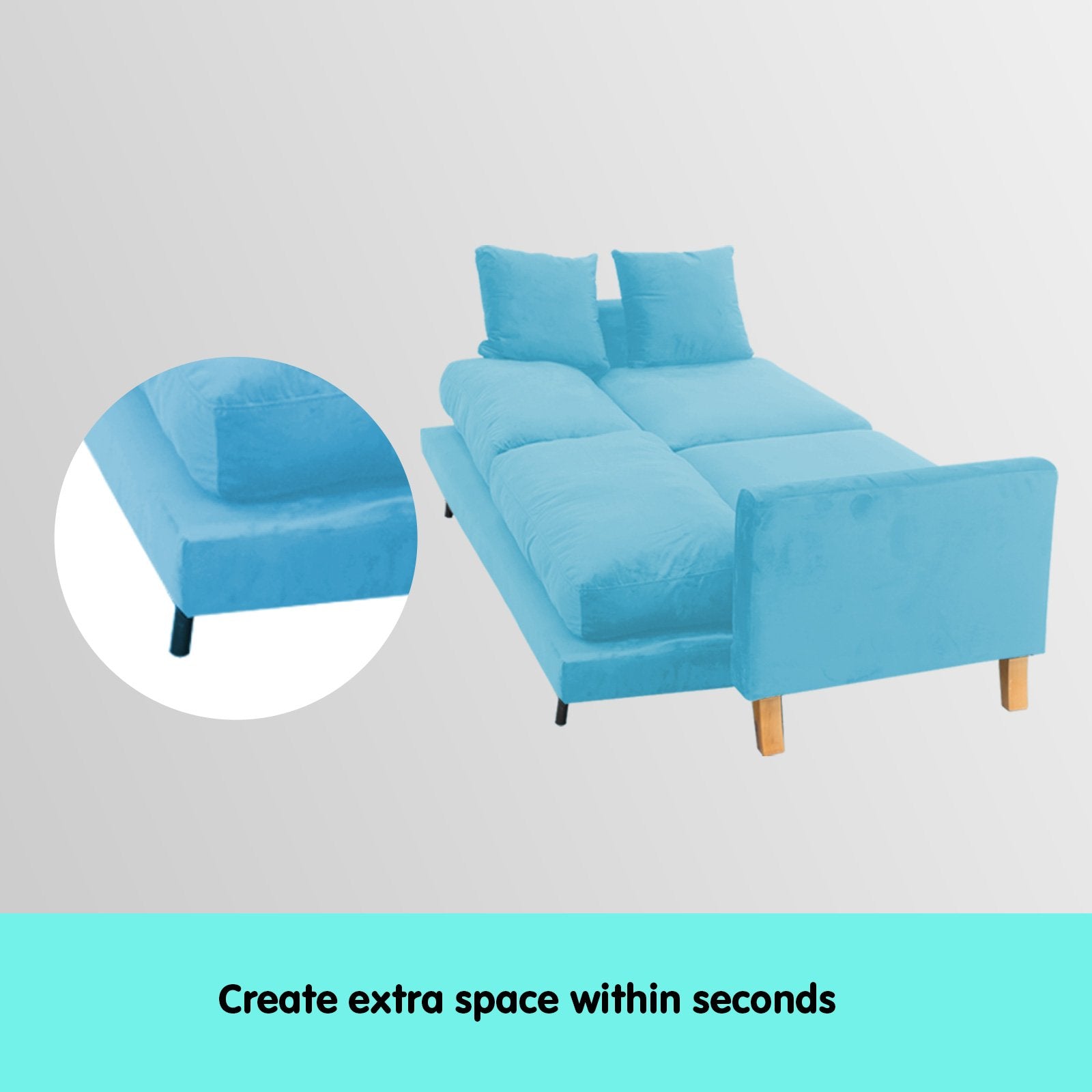 3-Seater Faux Velvet Wooden Sofa Bed Couch Furniture - Light Blue-Furniture > Sofas > Sofas & Sofa Beds-Nomica Living