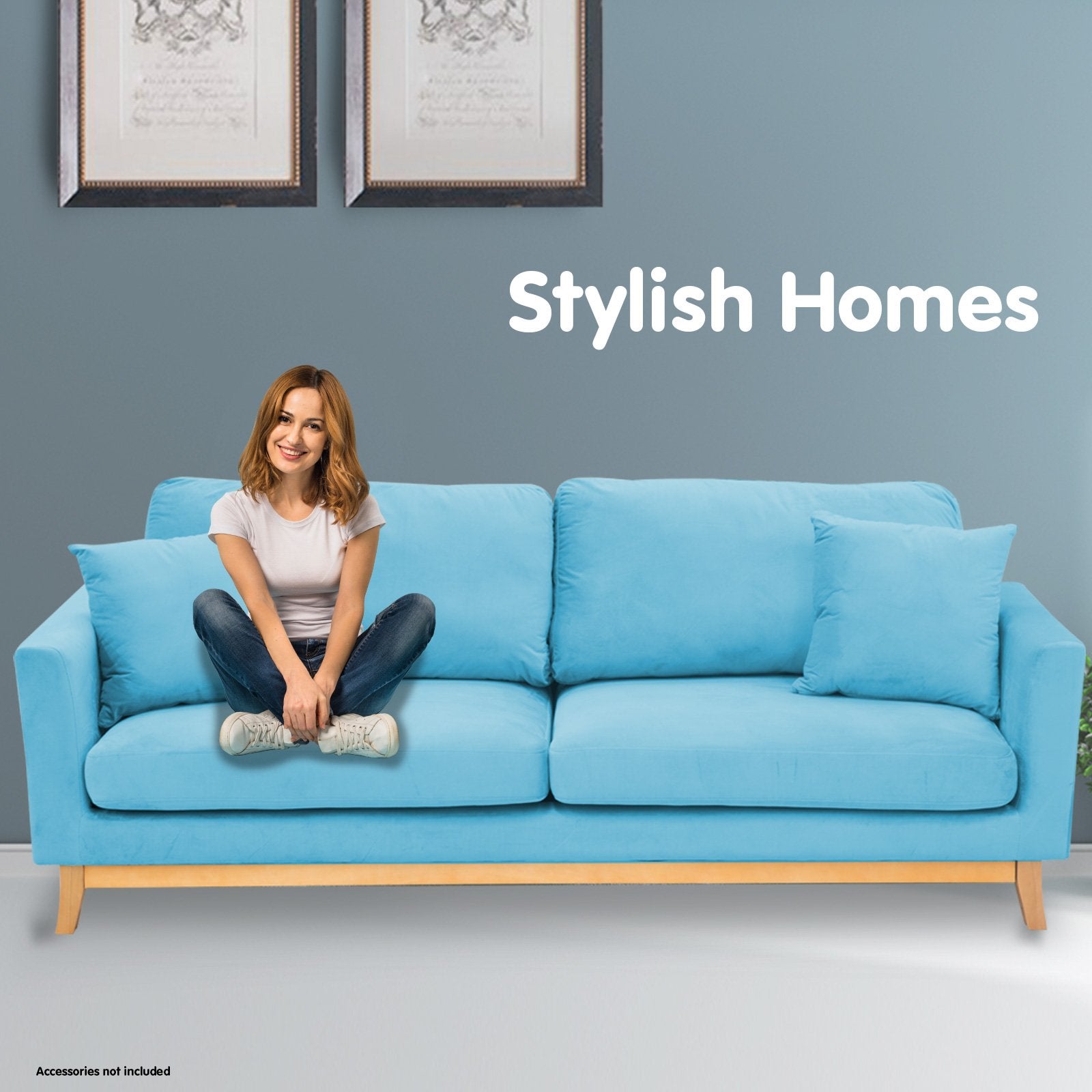 3-Seater Faux Velvet Wooden Sofa Bed Couch Furniture - Light Blue-Furniture > Sofas > Sofas & Sofa Beds-Nomica Living