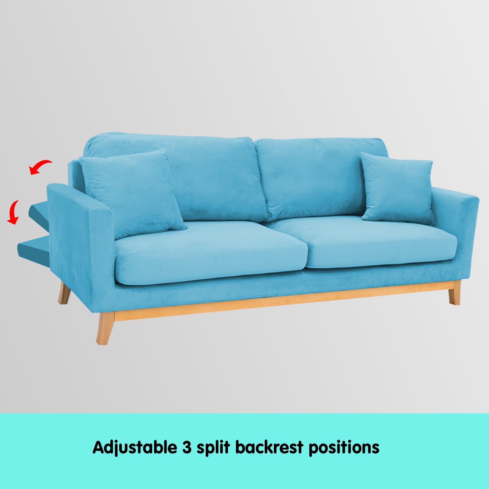 3-Seater Faux Velvet Wooden Sofa Bed Couch Furniture - Light Blue-Furniture > Sofas > Sofas & Sofa Beds-Nomica Living