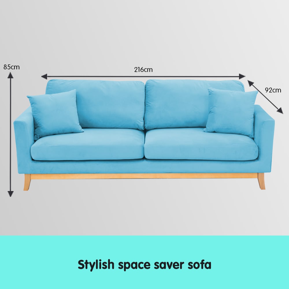 3-Seater Faux Velvet Wooden Sofa Bed Couch Furniture - Light Blue-Furniture > Sofas > Sofas & Sofa Beds-Nomica Living