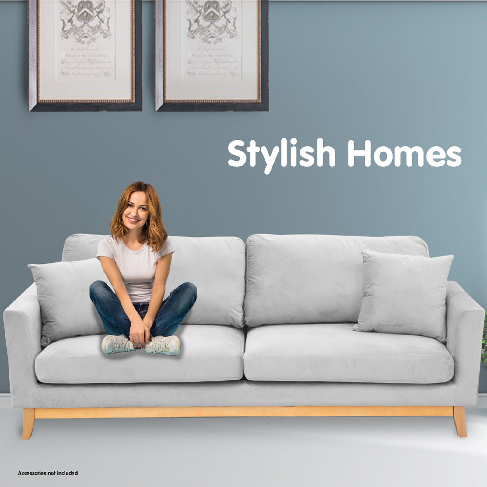 3-Seater Faux Velvet Sofa Bed Couch Furniture - Light Grey-Furniture > Sofas > Sofas & Sofa Beds-Nomica Living