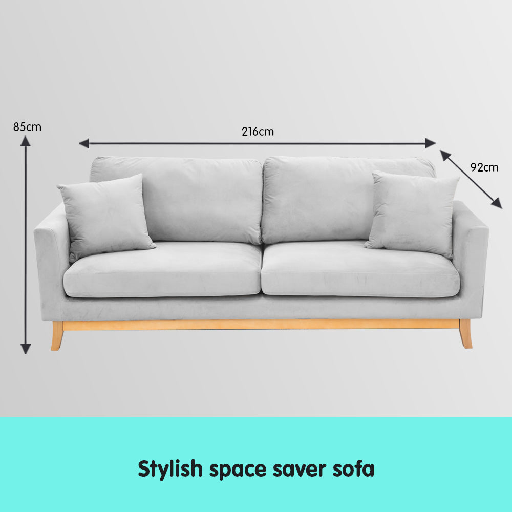 3-Seater Faux Velvet Sofa Bed Couch Furniture - Light Grey-Furniture > Sofas > Sofas & Sofa Beds-Nomica Living