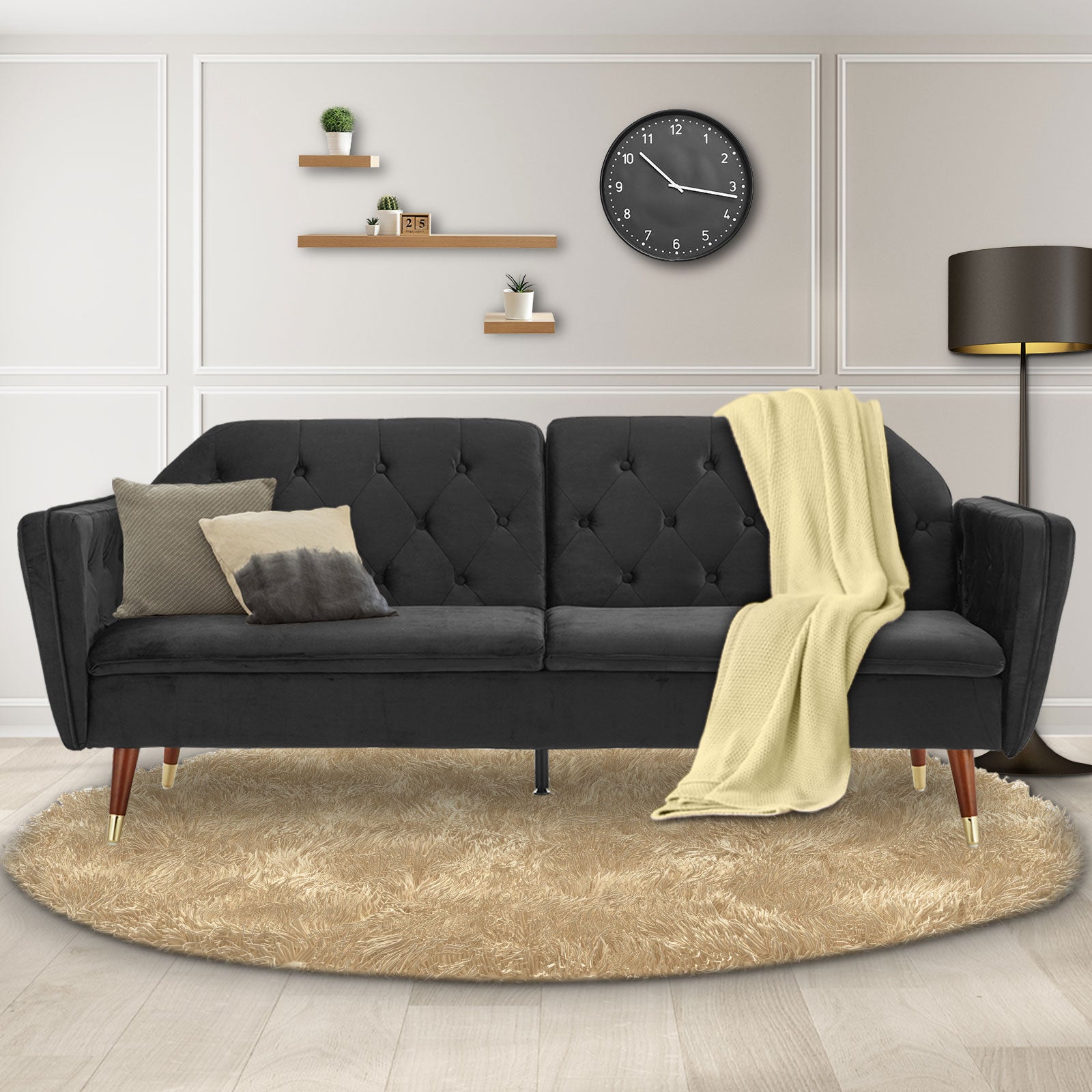 Faux 3-Seater Velvet Tufted Sofa Bed Couch Futon - Black-Furniture > Sofas > Sofas & Sofa Beds-Nomica Living