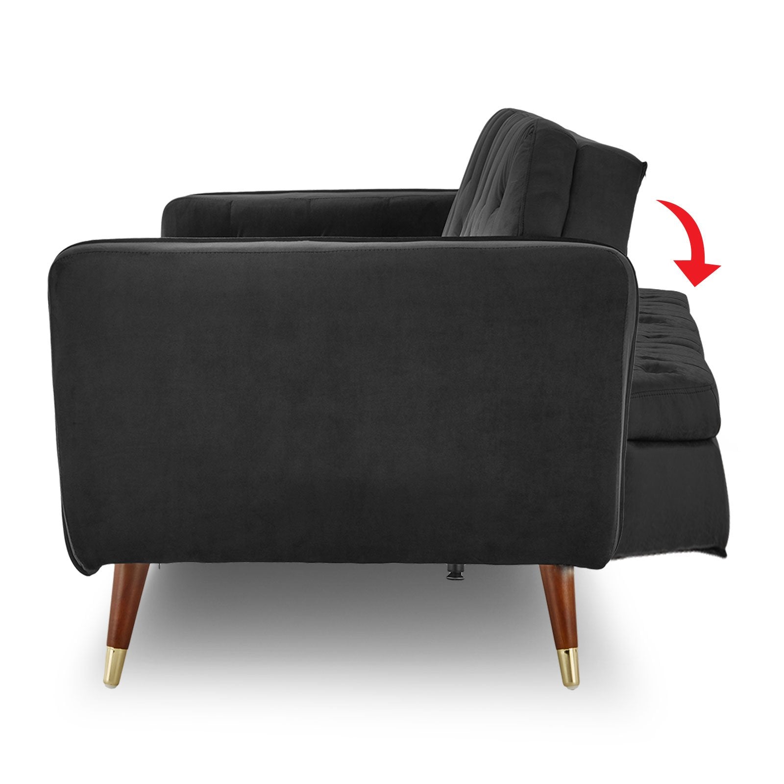Faux 3-Seater Velvet Tufted Sofa Bed Couch Futon - Black-Furniture > Sofas > Sofas & Sofa Beds-Nomica Living
