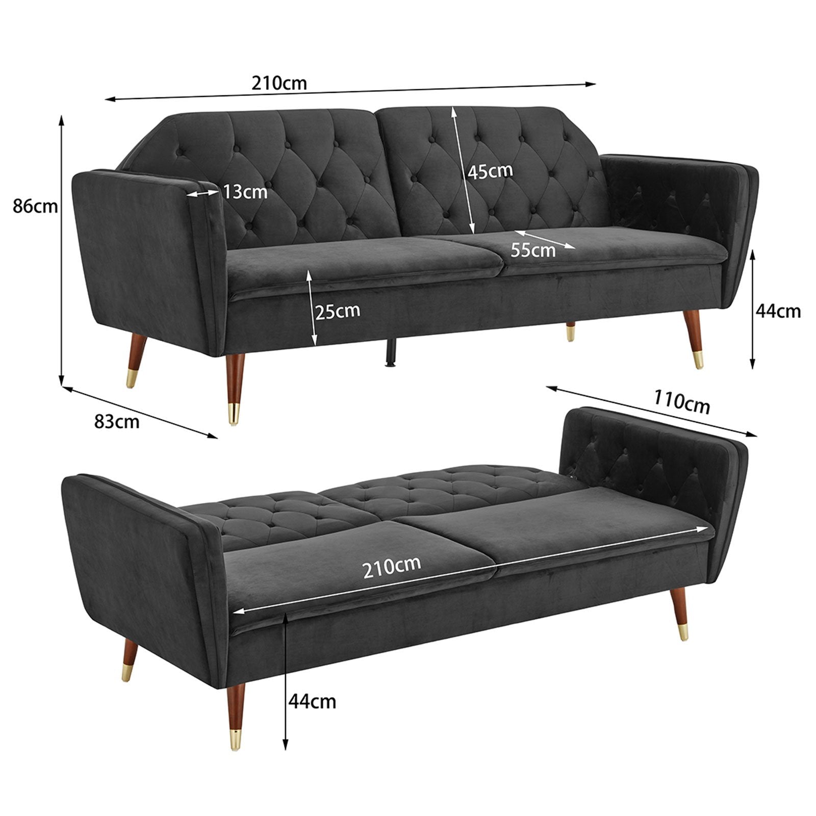 Faux 3-Seater Velvet Tufted Sofa Bed Couch Futon - Black-Furniture > Sofas > Sofas & Sofa Beds-Nomica Living