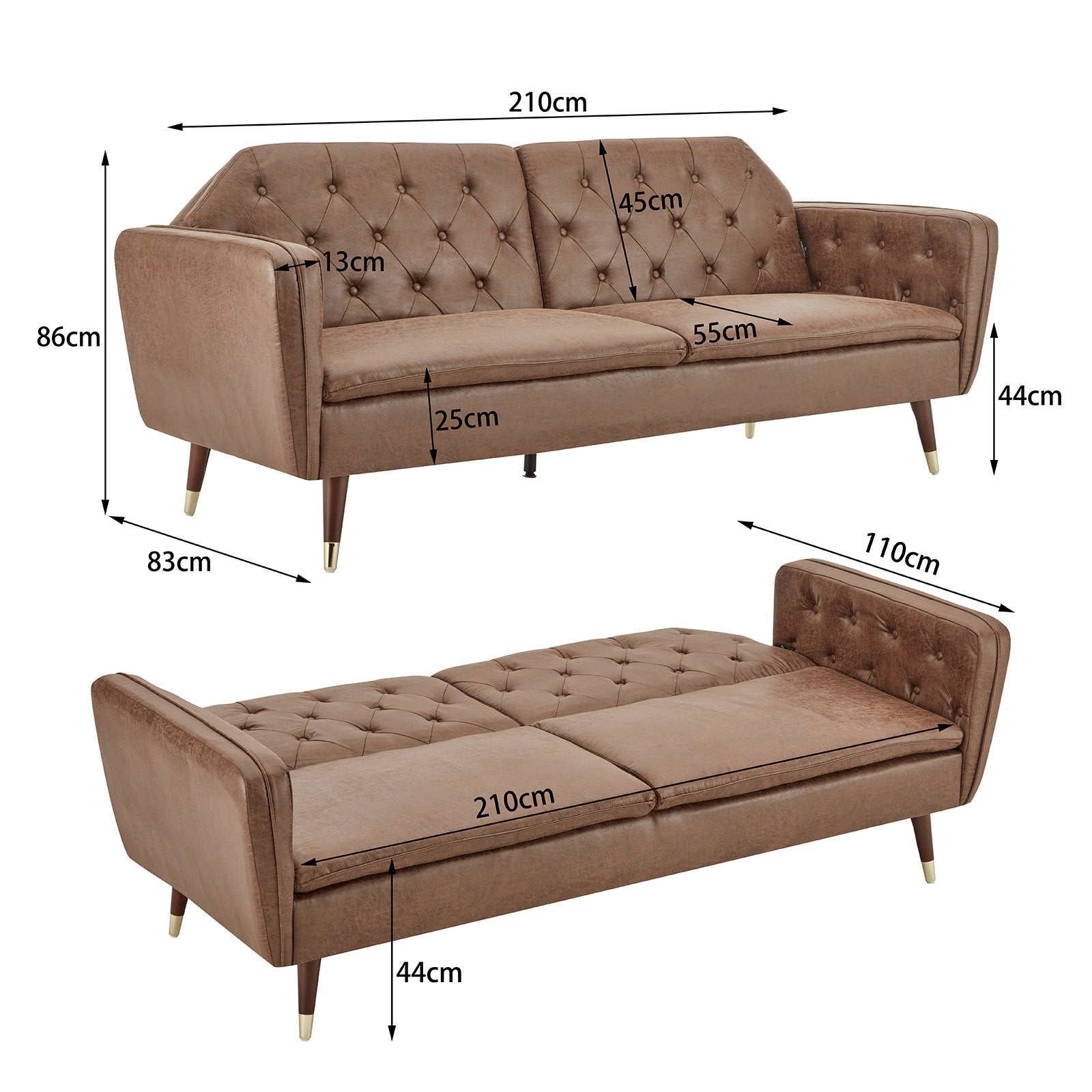 Faux 3-Seater Velvet Tufted Sofa Bed - Stylish Design - Brown-Furniture > Sofas > Sofas & Sofa Beds-Nomica Living