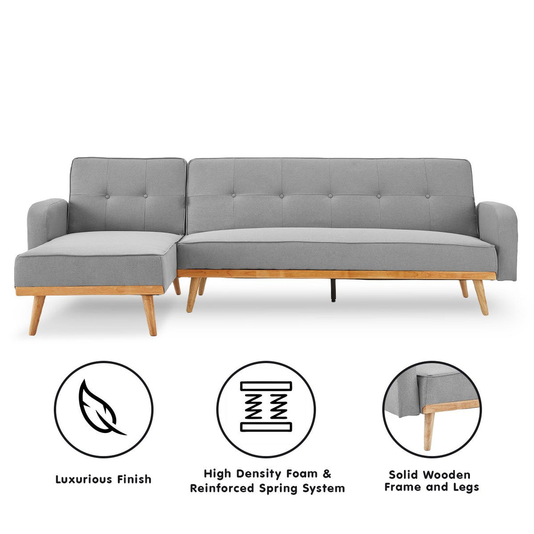 3-Seater Corner Sofa Bed with Chaise Lounge - Light Grey-Furniture > Sofas > Sofas & Sofa Beds-Nomica Living
