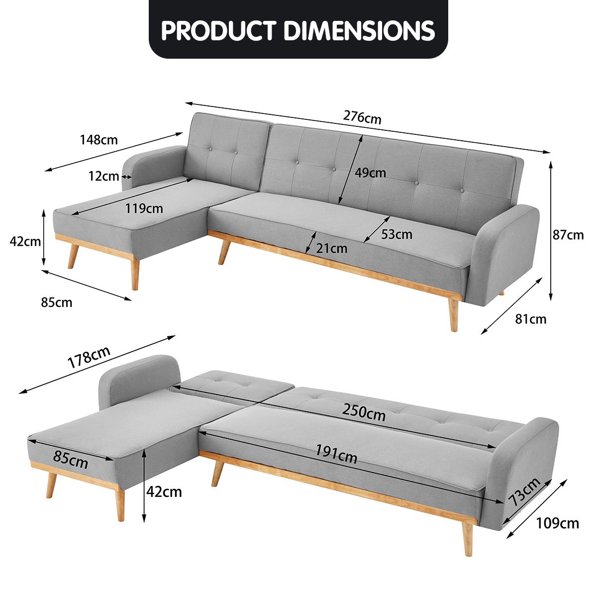 3-Seater Corner Sofa Bed with Chaise Lounge - Light Grey-Furniture > Sofas > Sofas & Sofa Beds-Nomica Living