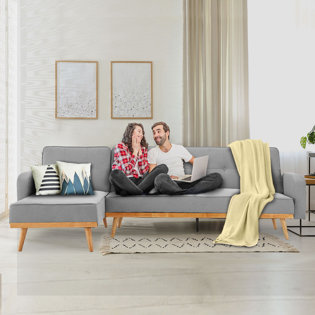 3-Seater Corner Sofa Bed with Chaise Lounge - Light Grey-Furniture > Sofas > Sofas & Sofa Beds-Nomica Living