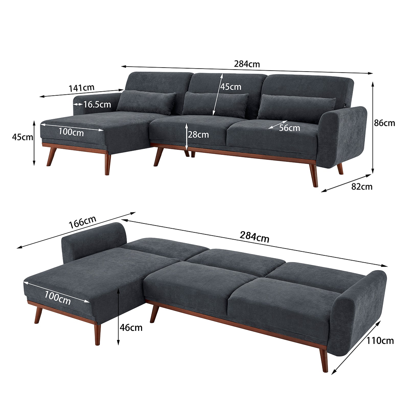 Faux Velvet Sofa Bed Couch Lounge Chaise with Cushions - Dark Grey-Furniture > Sofas > Sofas & Sofa Beds-Nomica Living