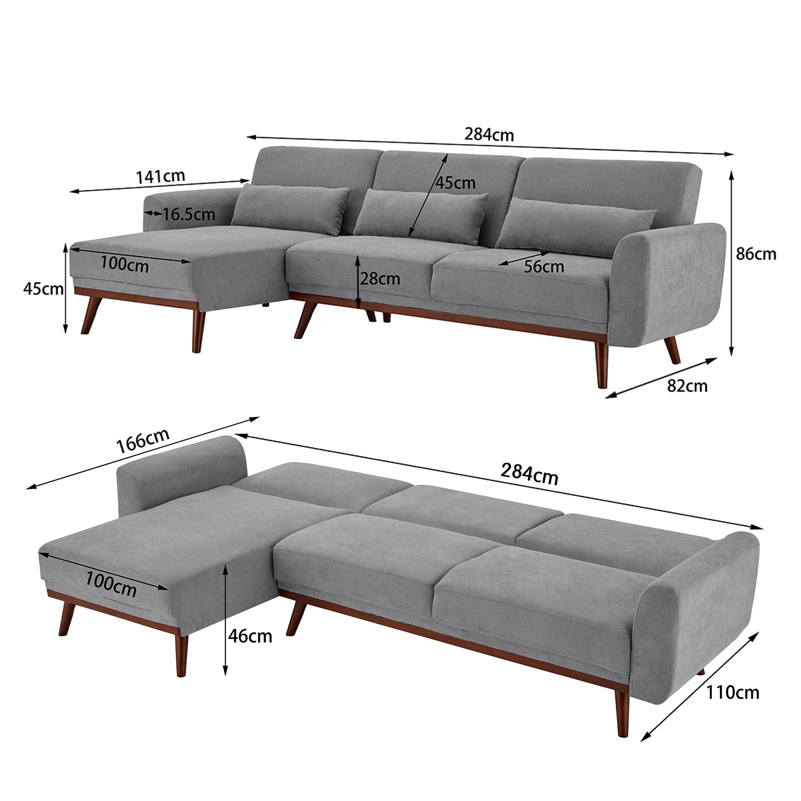 Faux Velvet Sofa Bed Couch Lounge Chaise Cushions - Light Grey-Furniture > Sofas > Sofas & Sofa Beds-Nomica Living