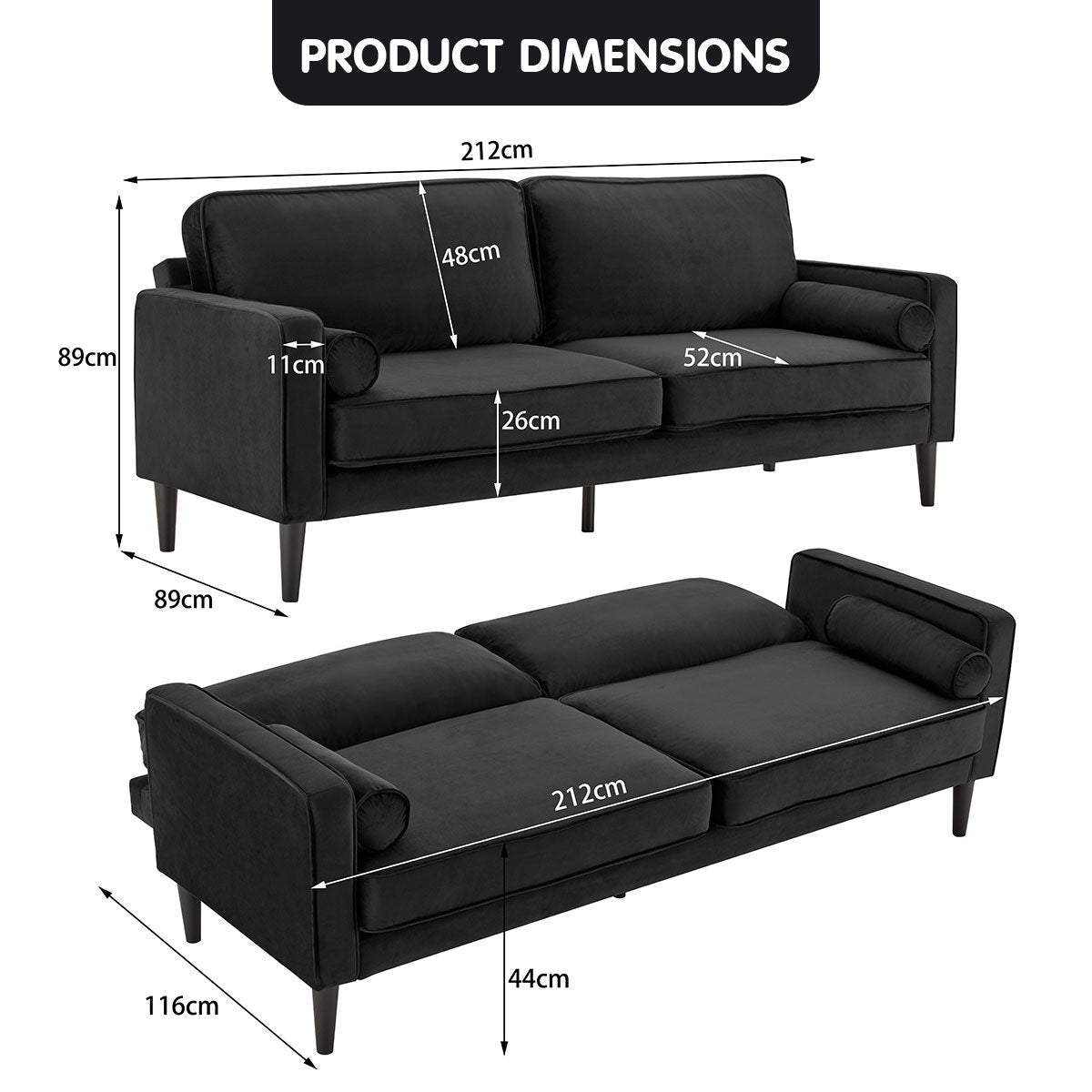Faux 3-Seater Velvet Sofa Bed Couch Furniture Lounge Suite - Black-Furniture > Sofas > Sofas & Sofa Beds-Nomica Living