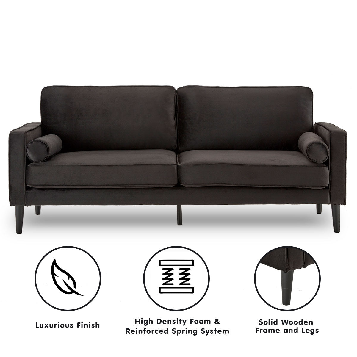 Faux 3-Seater Velvet Sofa Bed Couch Furniture Lounge Suite - Black-Furniture > Sofas > Sofas & Sofa Beds-Nomica Living