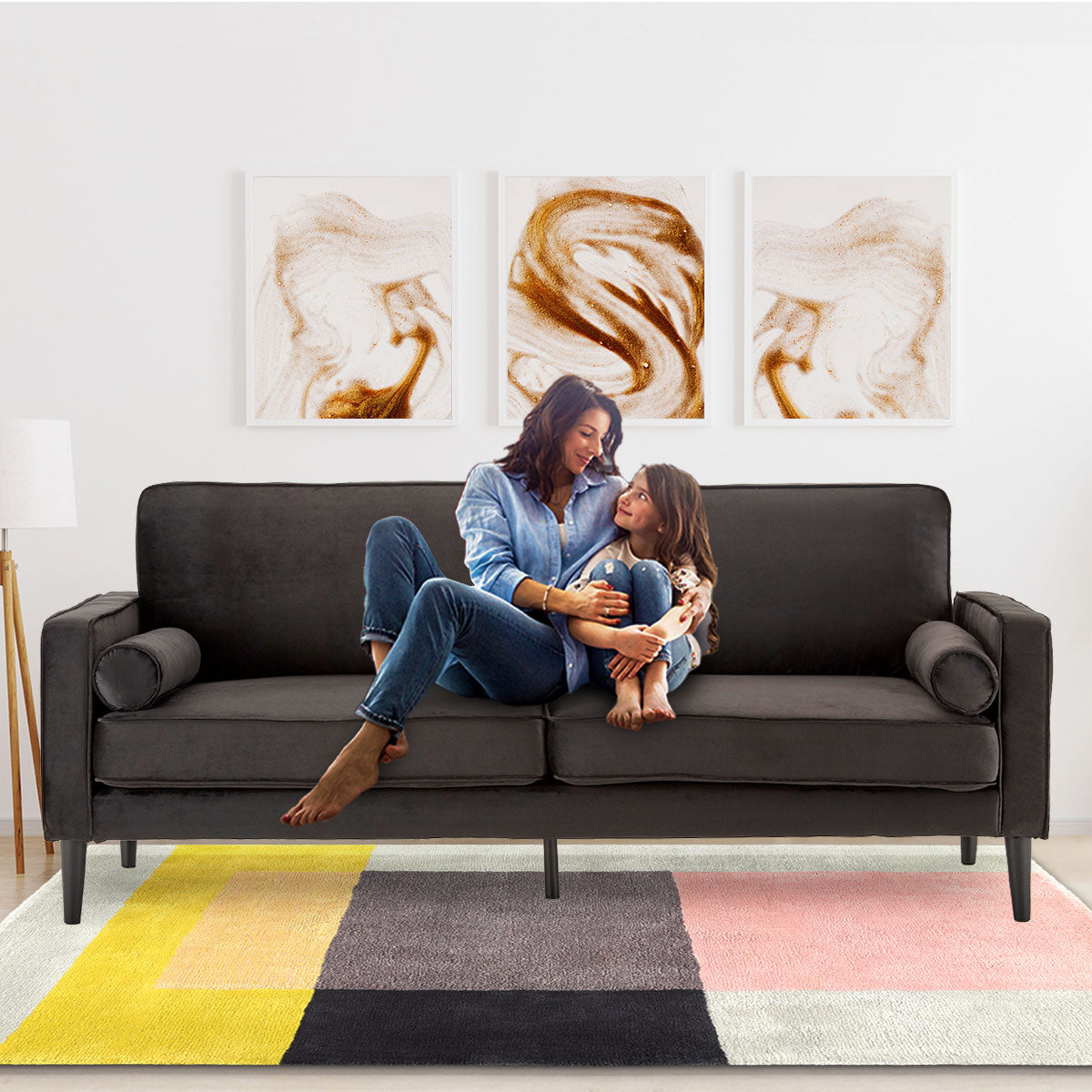 Faux 3-Seater Velvet Sofa Bed Couch Furniture Lounge Suite - Black-Furniture > Sofas > Sofas & Sofa Beds-Nomica Living