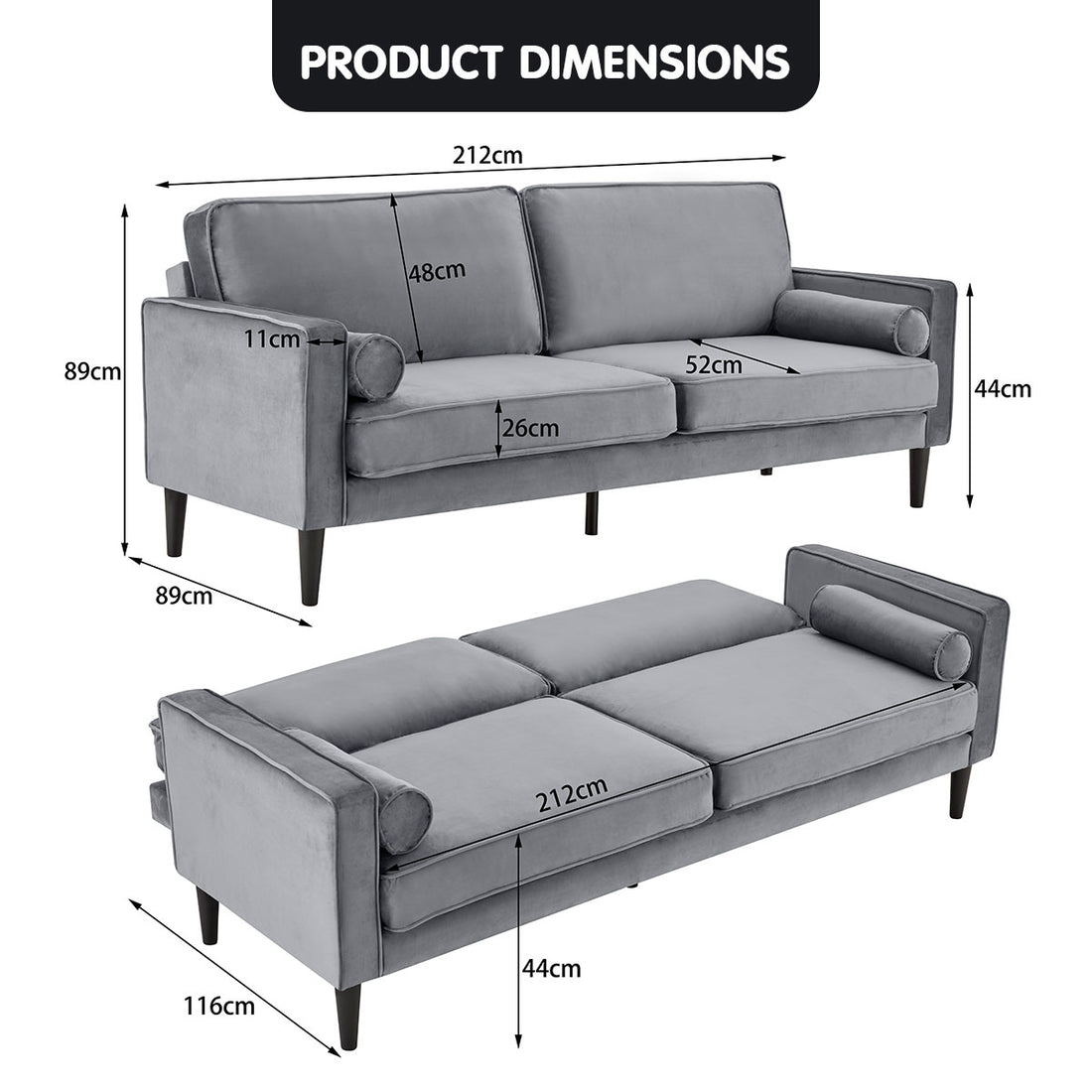 Faux 3-Seater Velvet Sofa Bed Couch Furniture Lounge Suite - Grey-Furniture > Sofas > Sofas & Sofa Beds-Nomica Living