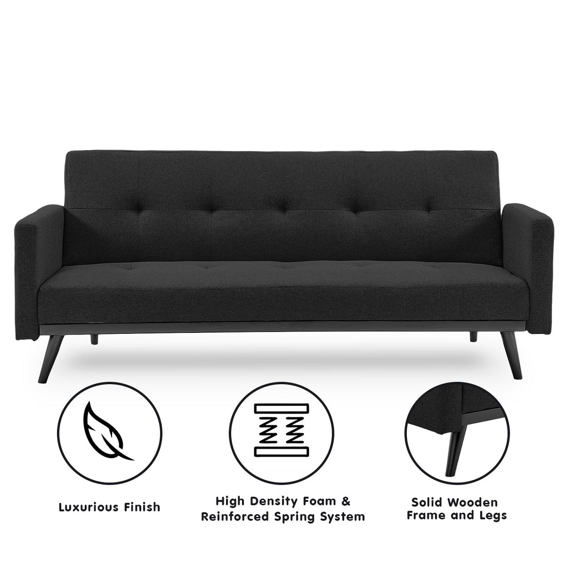 Tufted Faux Linen 3-Seater Sofa Bed with Armrests - Black-Furniture > Sofas > Sofas & Sofa Beds-Nomica Living