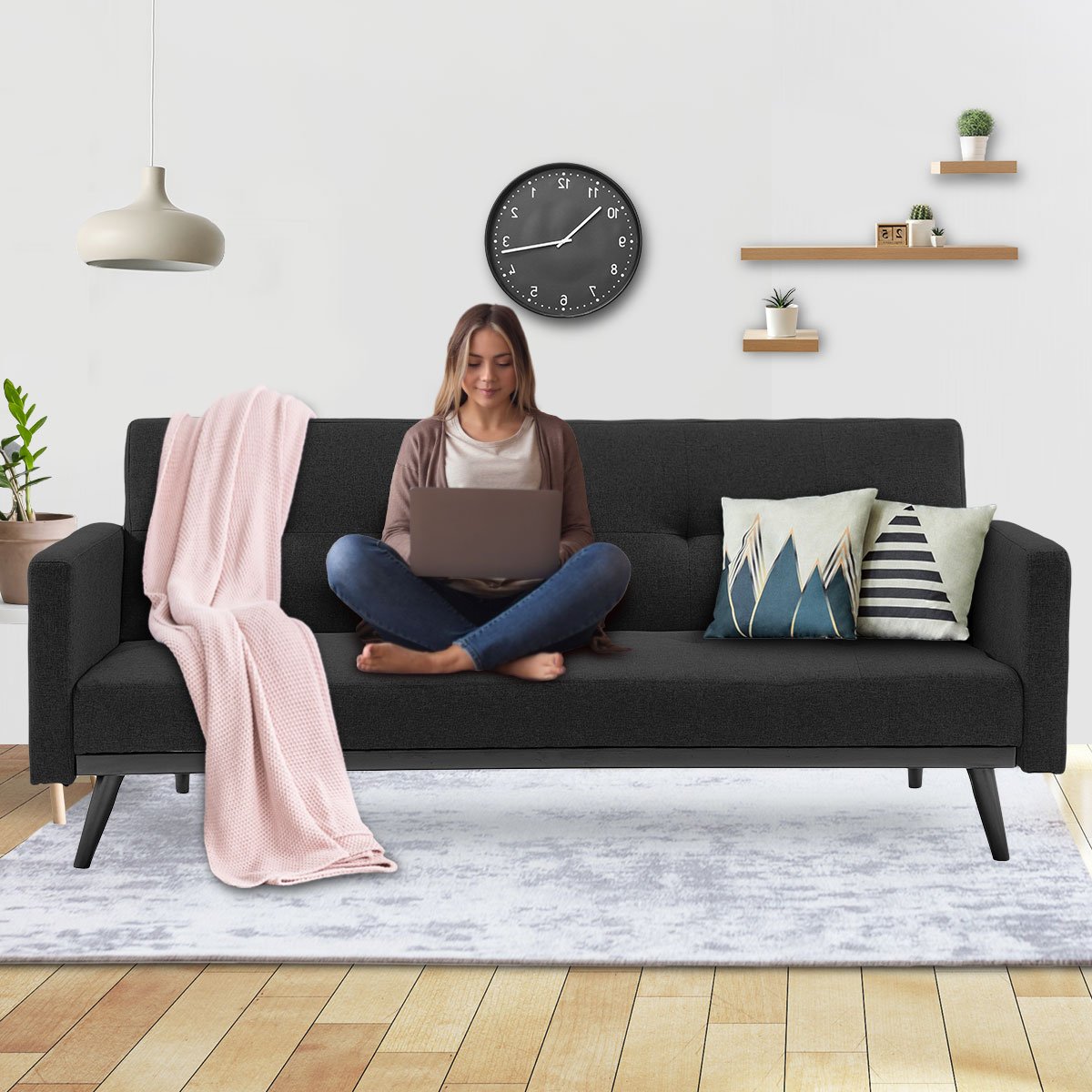 Tufted Faux Linen 3-Seater Sofa Bed with Armrests - Black-Furniture > Sofas > Sofas & Sofa Beds-Nomica Living