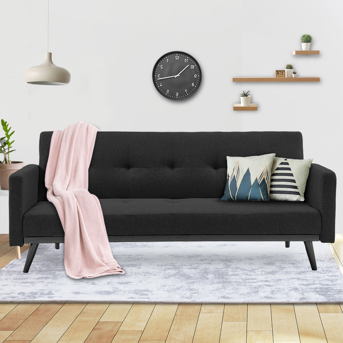 Tufted Faux Linen 3-Seater Sofa Bed with Armrests - Black-Furniture > Sofas > Sofas & Sofa Beds-Nomica Living