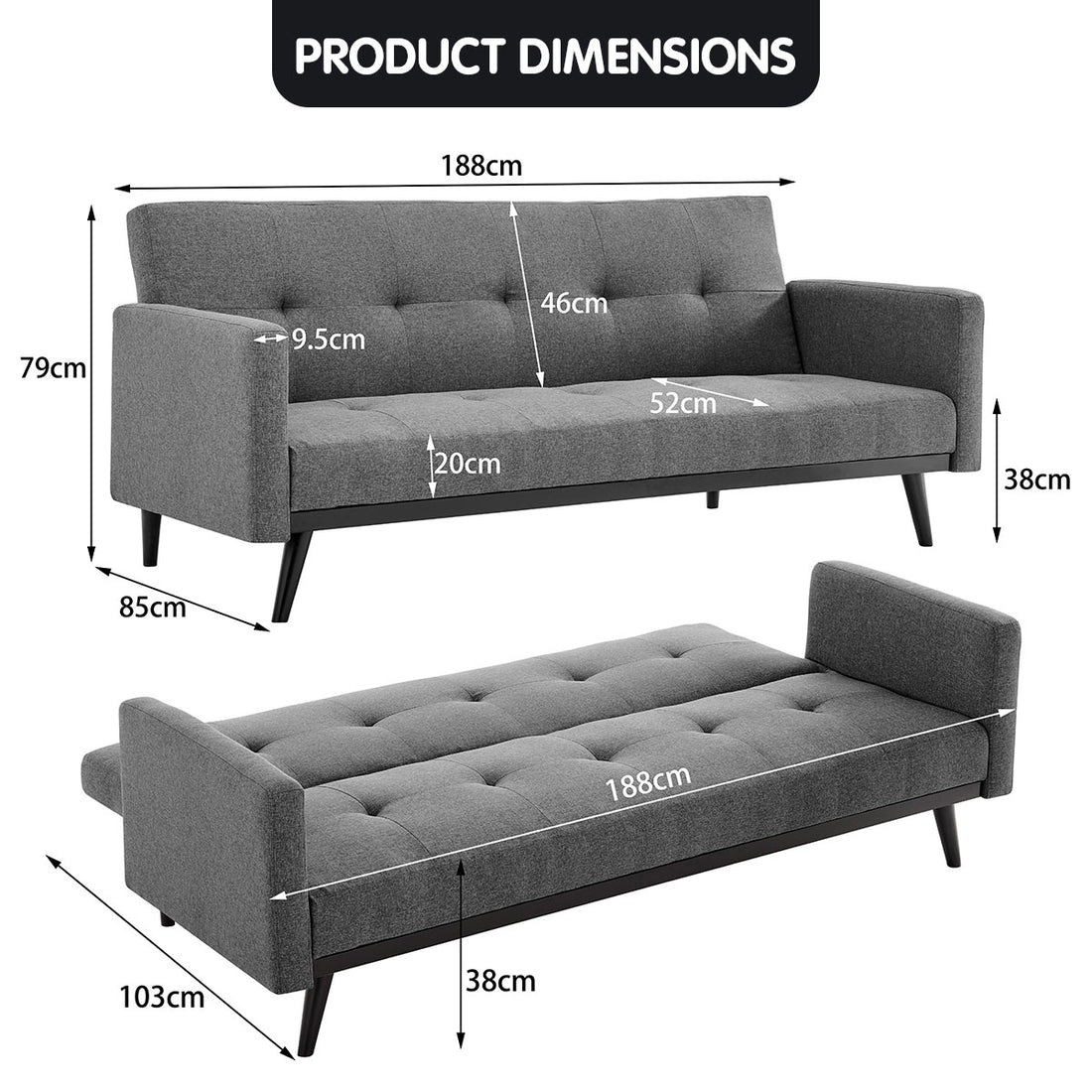 Tufted 3-Seater Faux Linen Sofa Bed with Armrests - Light Grey-Furniture > Sofas > Sofas & Sofa Beds-Nomica Living