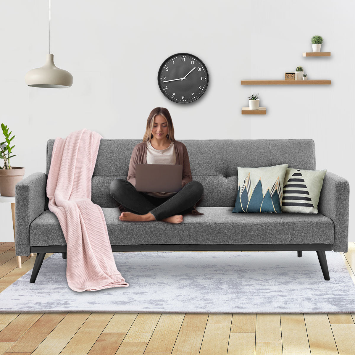 Tufted 3-Seater Faux Linen Sofa Bed with Armrests - Light Grey-Furniture > Sofas > Sofas & Sofa Beds-Nomica Living