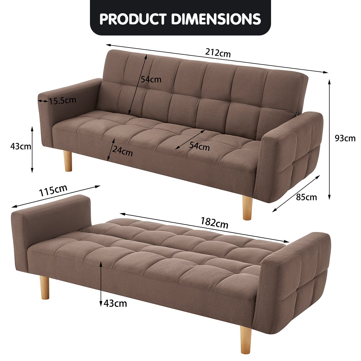 3-Seater Fabric Sofa Bed Futon - Brown-Furniture > Sofas > Sofas & Sofa Beds-Nomica Living