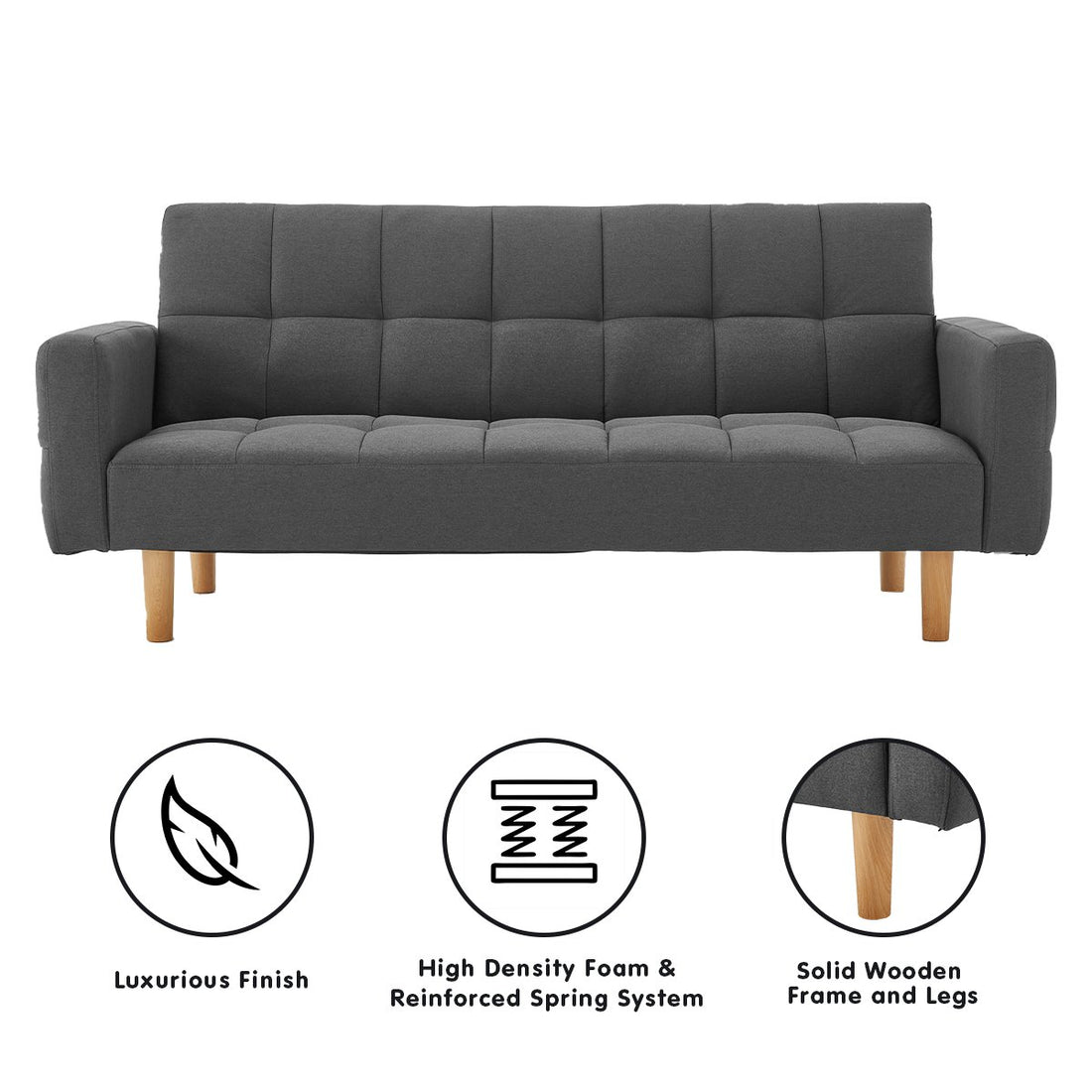 3-Seater Fabric Sofa Bed Futon - Dark Grey-Furniture > Sofas > Sofas & Sofa Beds-Nomica Living