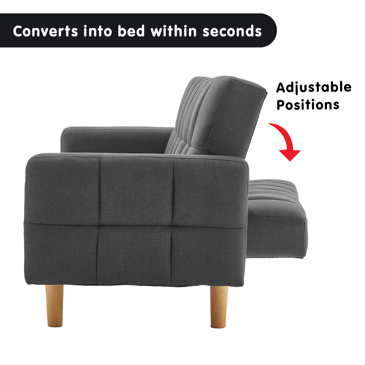 3-Seater Fabric Sofa Bed Futon - Dark Grey-Furniture > Sofas > Sofas & Sofa Beds-Nomica Living