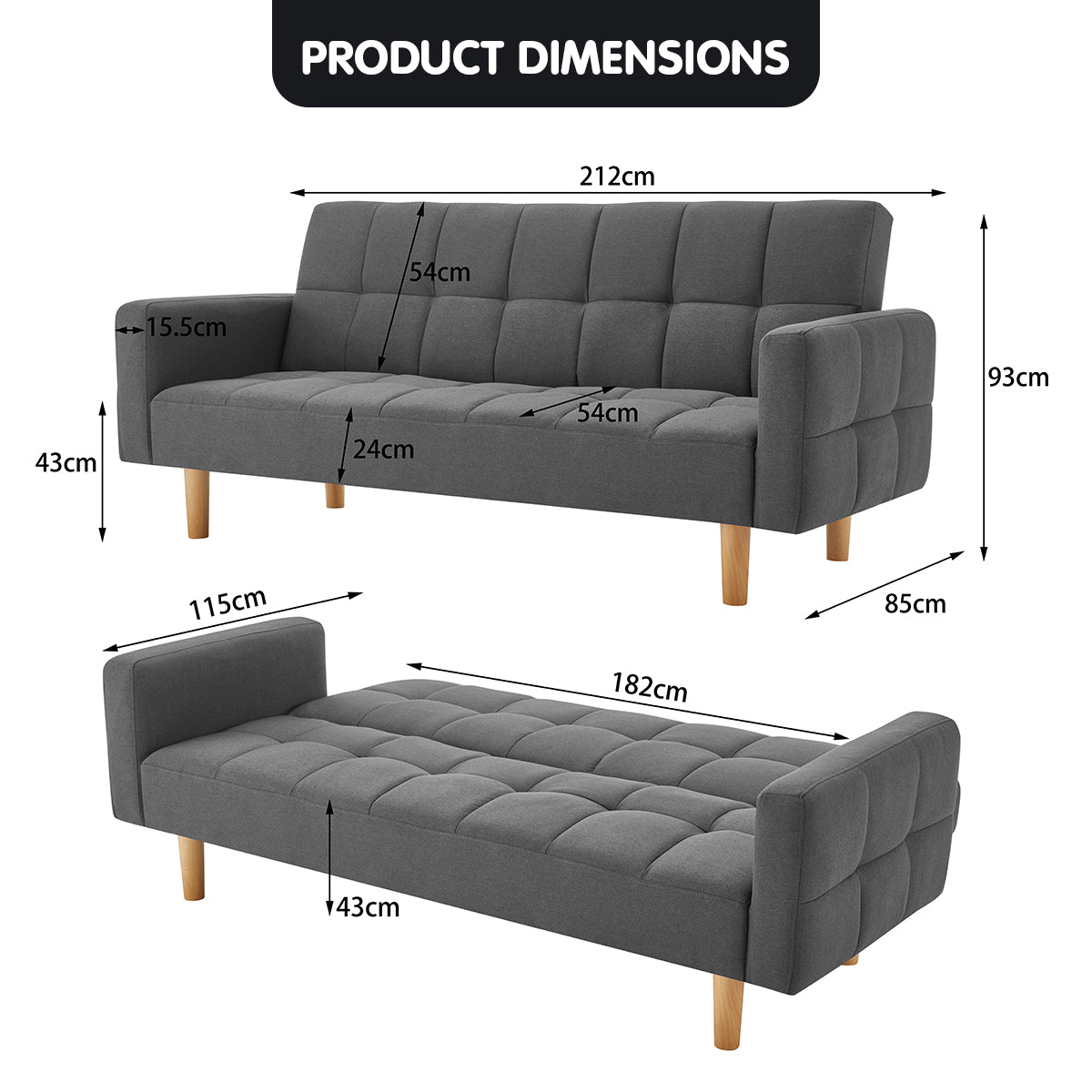 3-Seater Fabric Sofa Bed Futon - Dark Grey-Furniture > Sofas > Sofas & Sofa Beds-Nomica Living