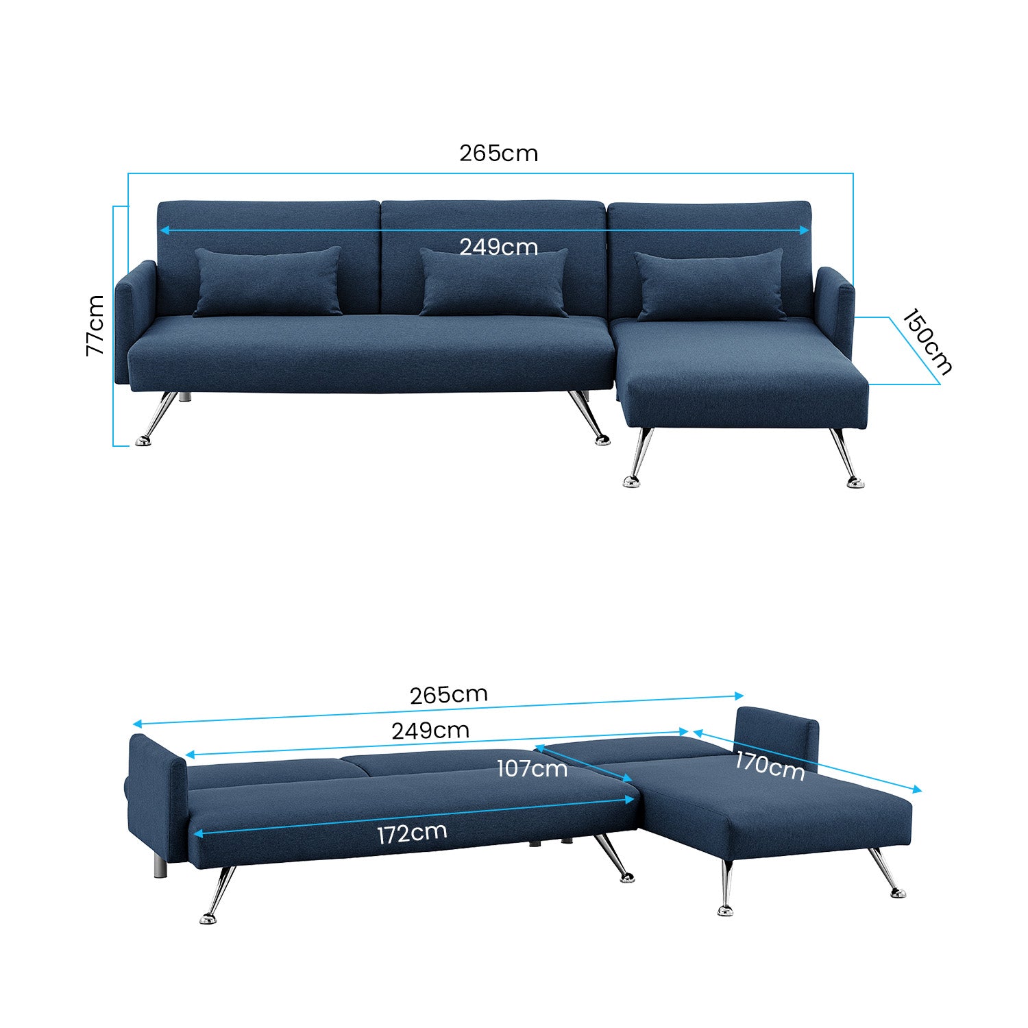 Mia 3-Seater Sofa Bed with Chaise & 3 Pillows - Blue-Furniture > Sofas > Sofas & Sofa Beds-Nomica Living