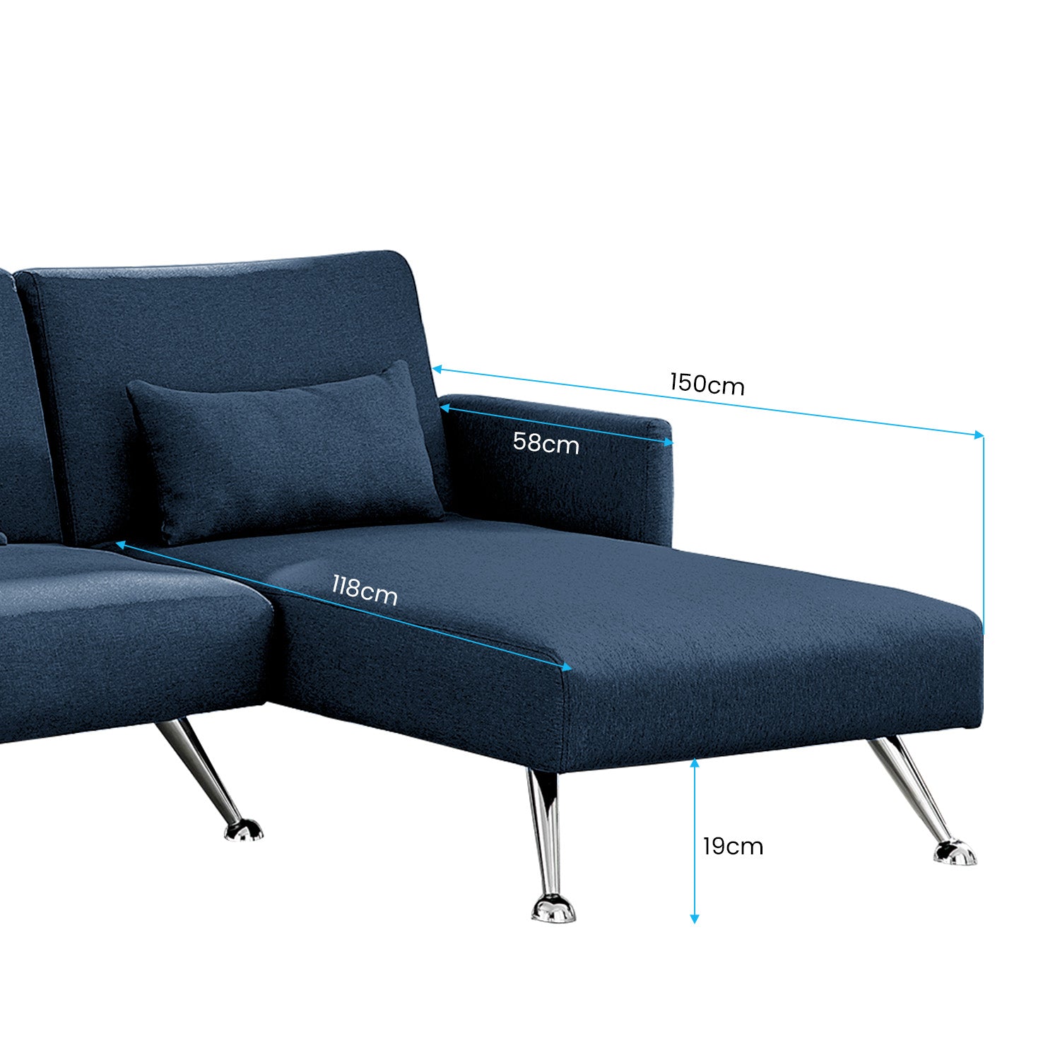 Mia 3-Seater Sofa Bed with Chaise & 3 Pillows - Blue-Furniture > Sofas > Sofas & Sofa Beds-Nomica Living