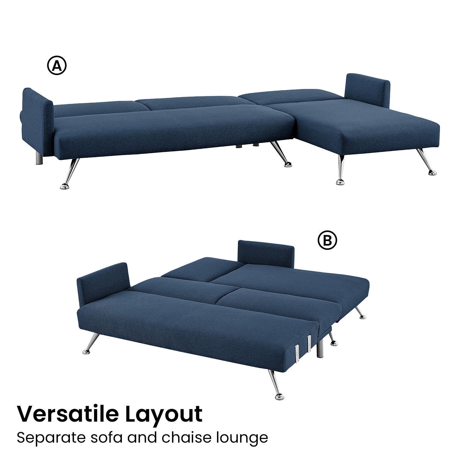 Mia 3-Seater Sofa Bed with Chaise & 3 Pillows - Blue-Furniture > Sofas > Sofas & Sofa Beds-Nomica Living