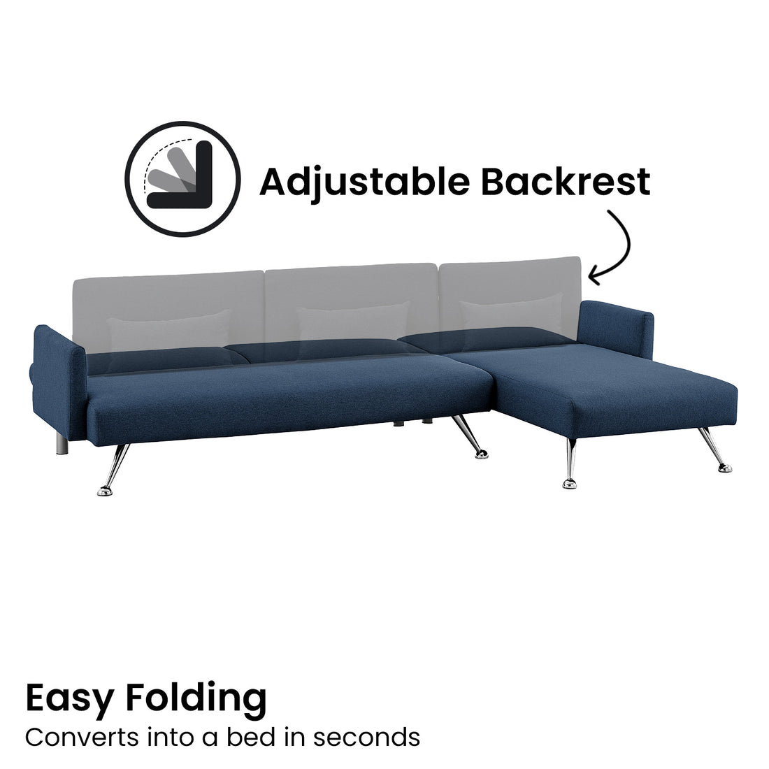 Mia 3-Seater Sofa Bed with Chaise & 3 Pillows - Blue-Furniture > Sofas > Sofas & Sofa Beds-Nomica Living