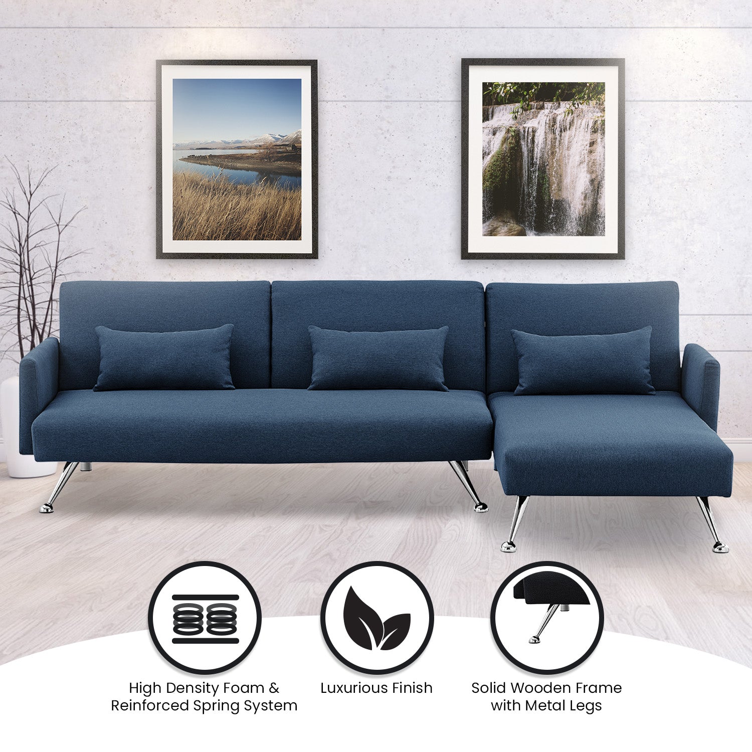Mia 3-Seater Sofa Bed with Chaise & 3 Pillows - Blue-Furniture > Sofas > Sofas & Sofa Beds-Nomica Living