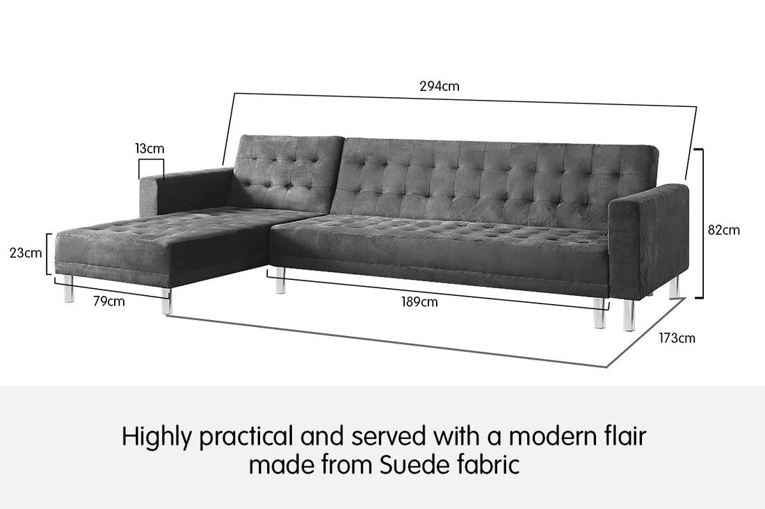 Faux Velvet Corner Wooden Sofa Bed Couch with Chaise - Grey-Furniture > Sofas > Sofas & Sofa Beds-Nomica Living